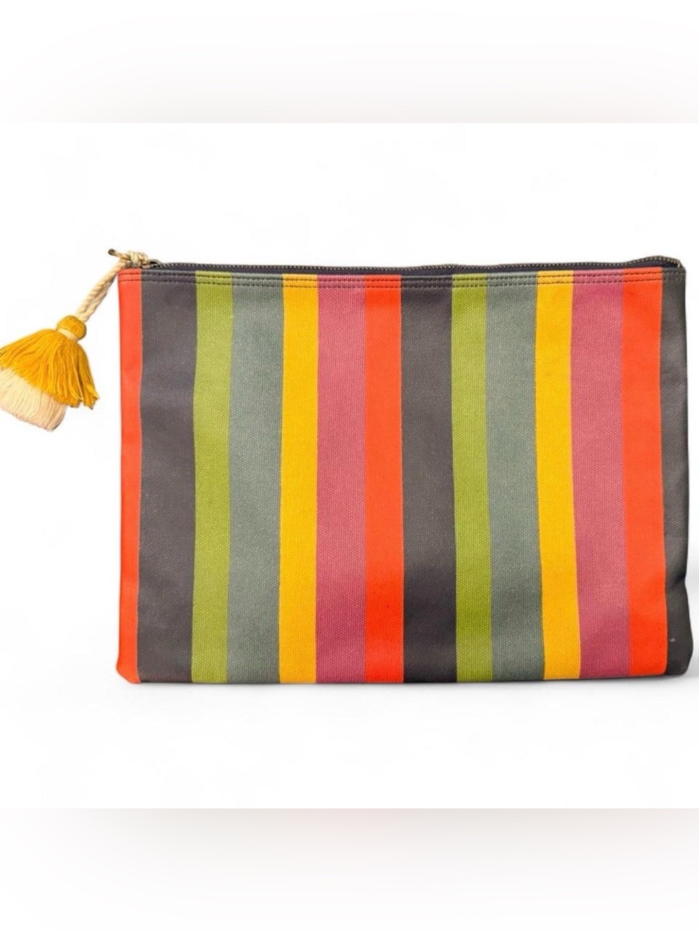 MADEWELL striped coated canvas clutch with tassel. Zip top closure